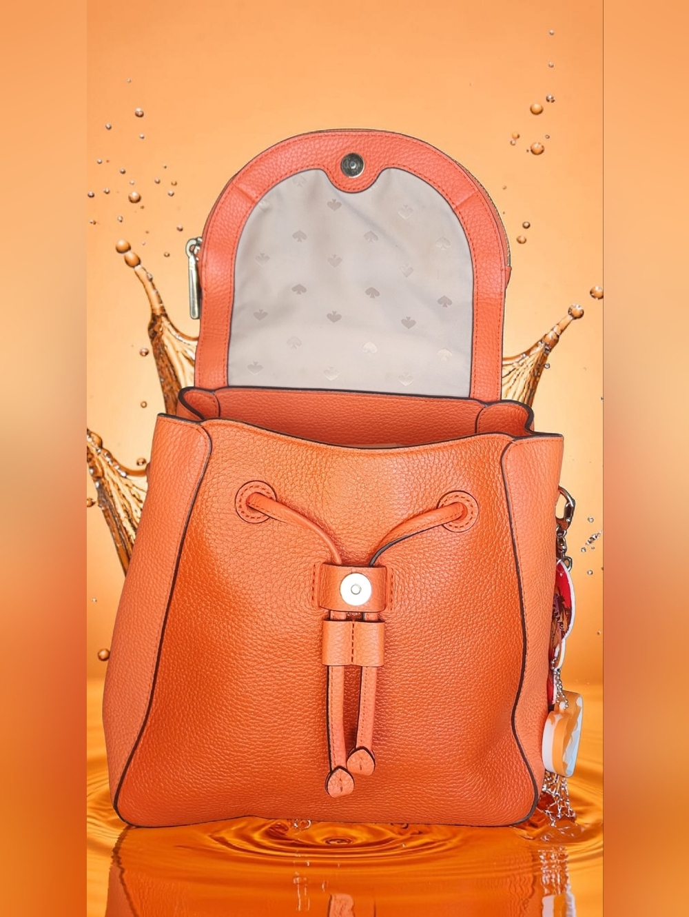 Kate Spade Leila Medium Flap Backpack In Orange & Couple Of Charms - Picture 10 of 16